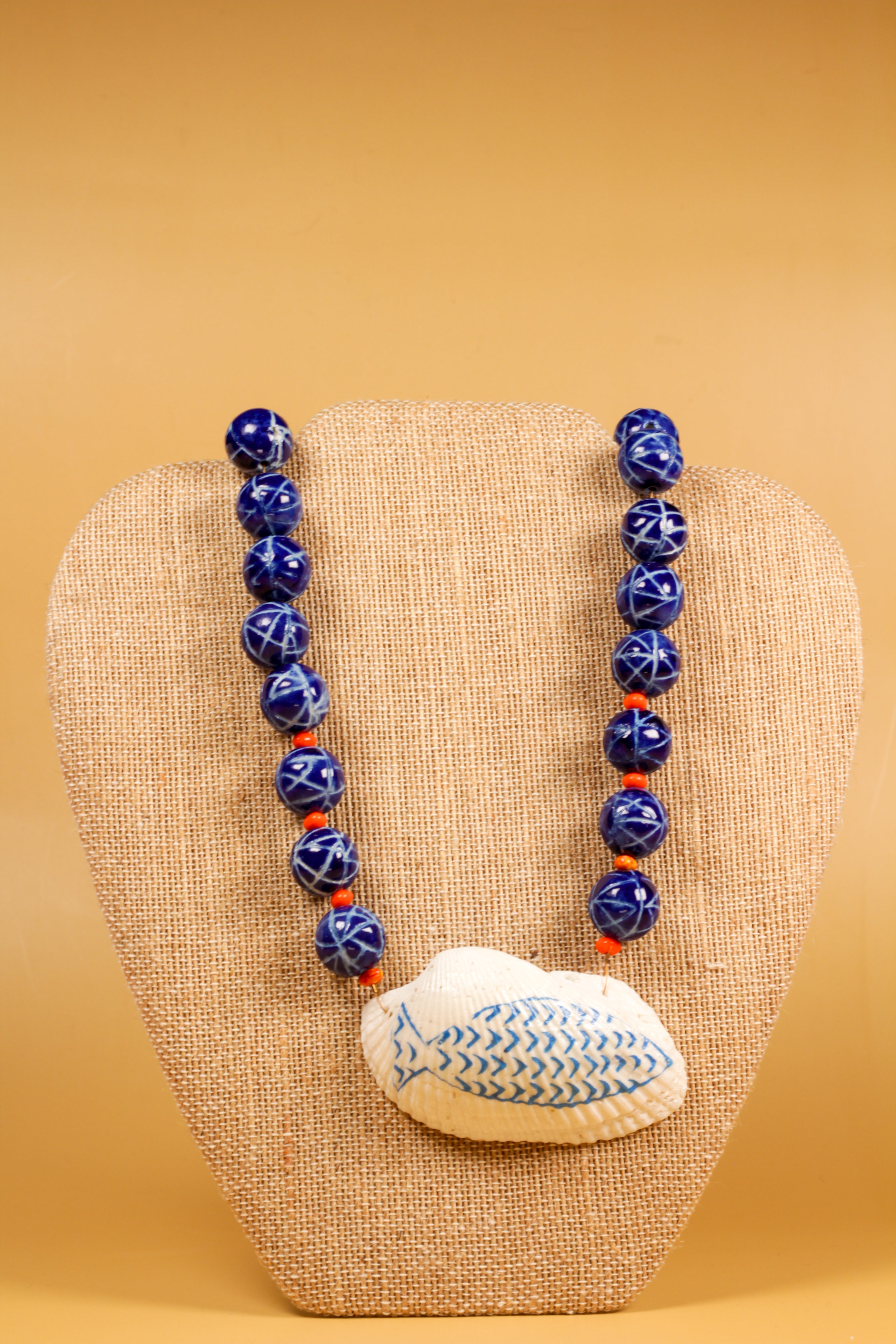 Hand painted Blue Beaded Shell Necklace